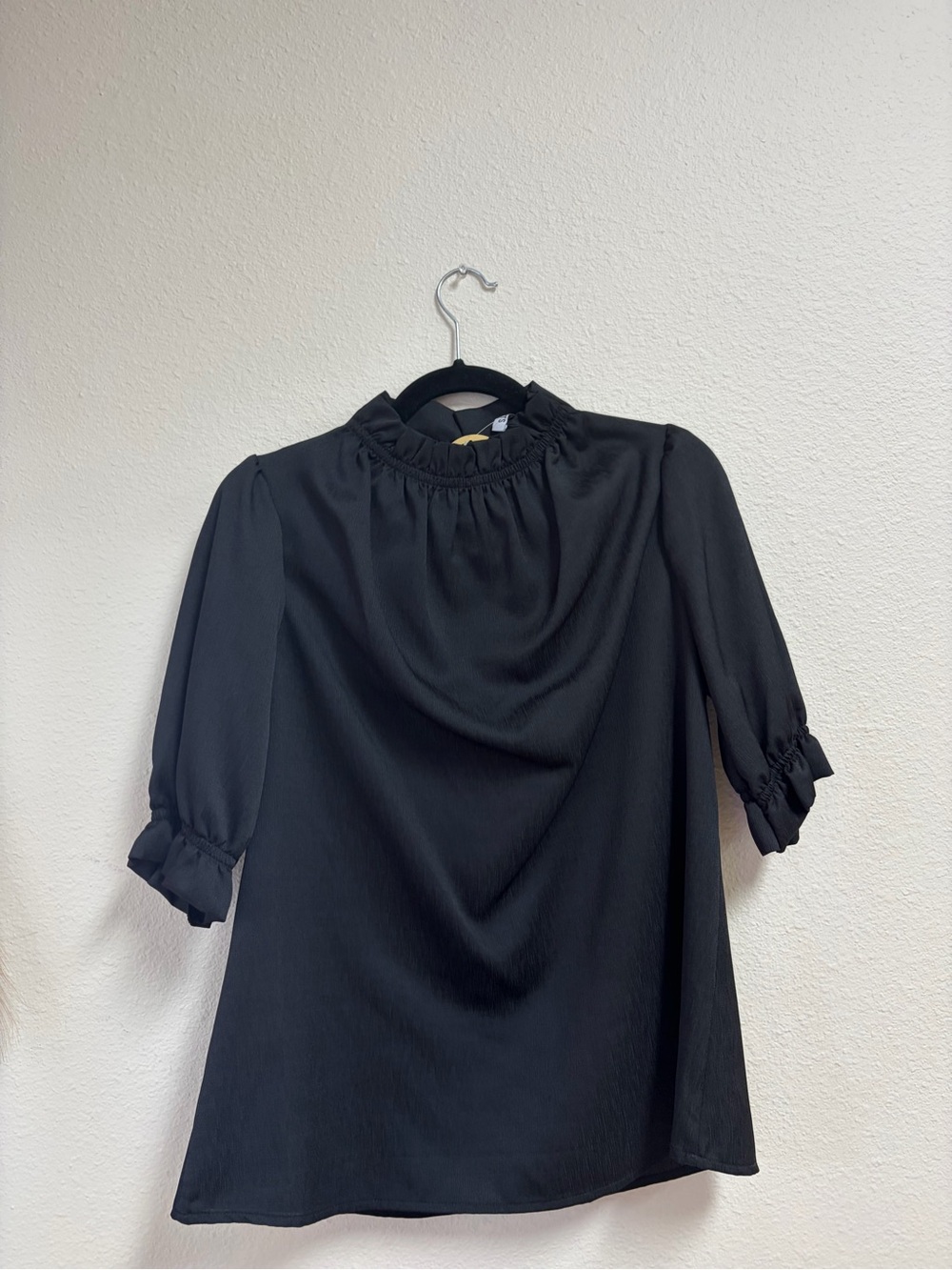 Women’s Black Ruffle Neck Blouse with Three-Quarter Sleeves